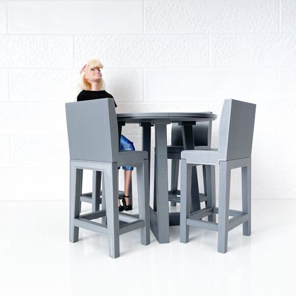 Miniature Barbie Gray Bistro Table 4 Chairs 3D Printed Dollhouse Furniture - Picture 5 of 5